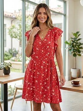 Xhilaration Red Floral Wrap Mini Dress